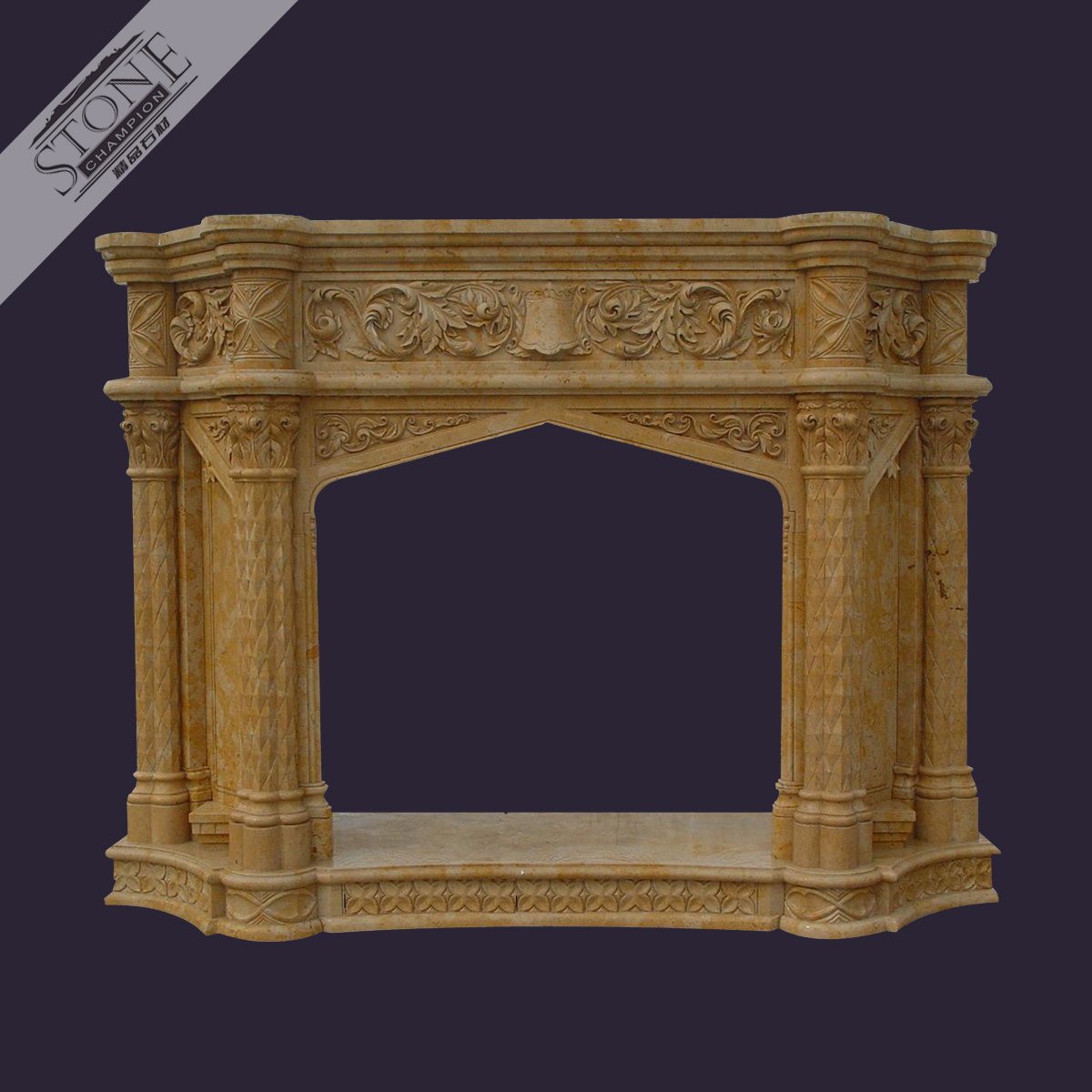 Finely hand carved deep size golden limestone fireplace mant