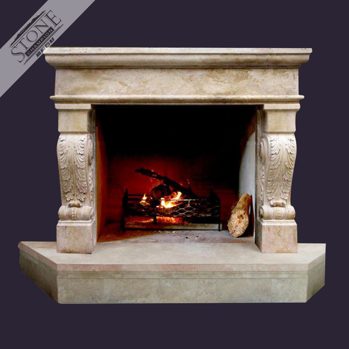 American style limestone fireplace mantel with big hearth