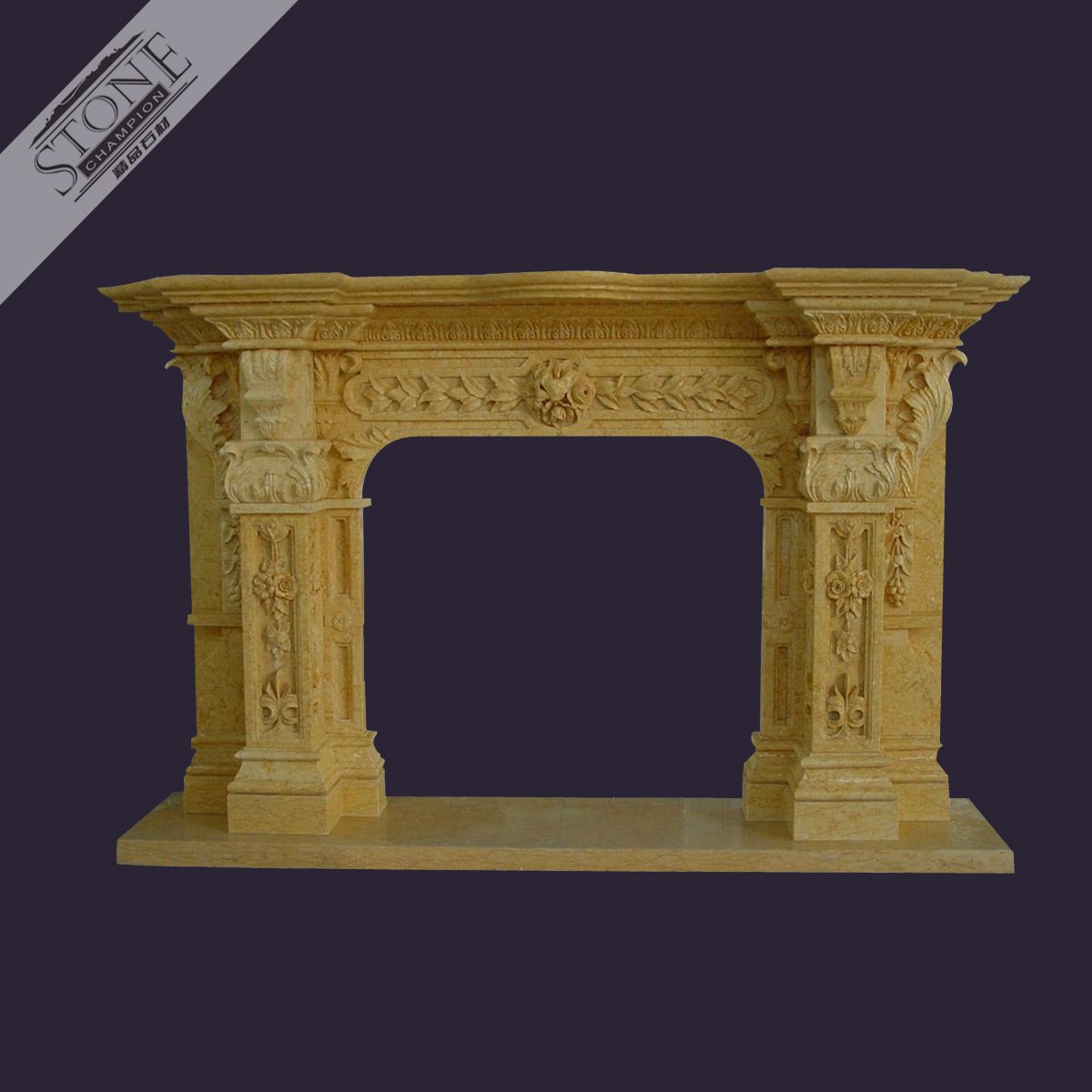 Delicately carved large size golden limestone fireplace for