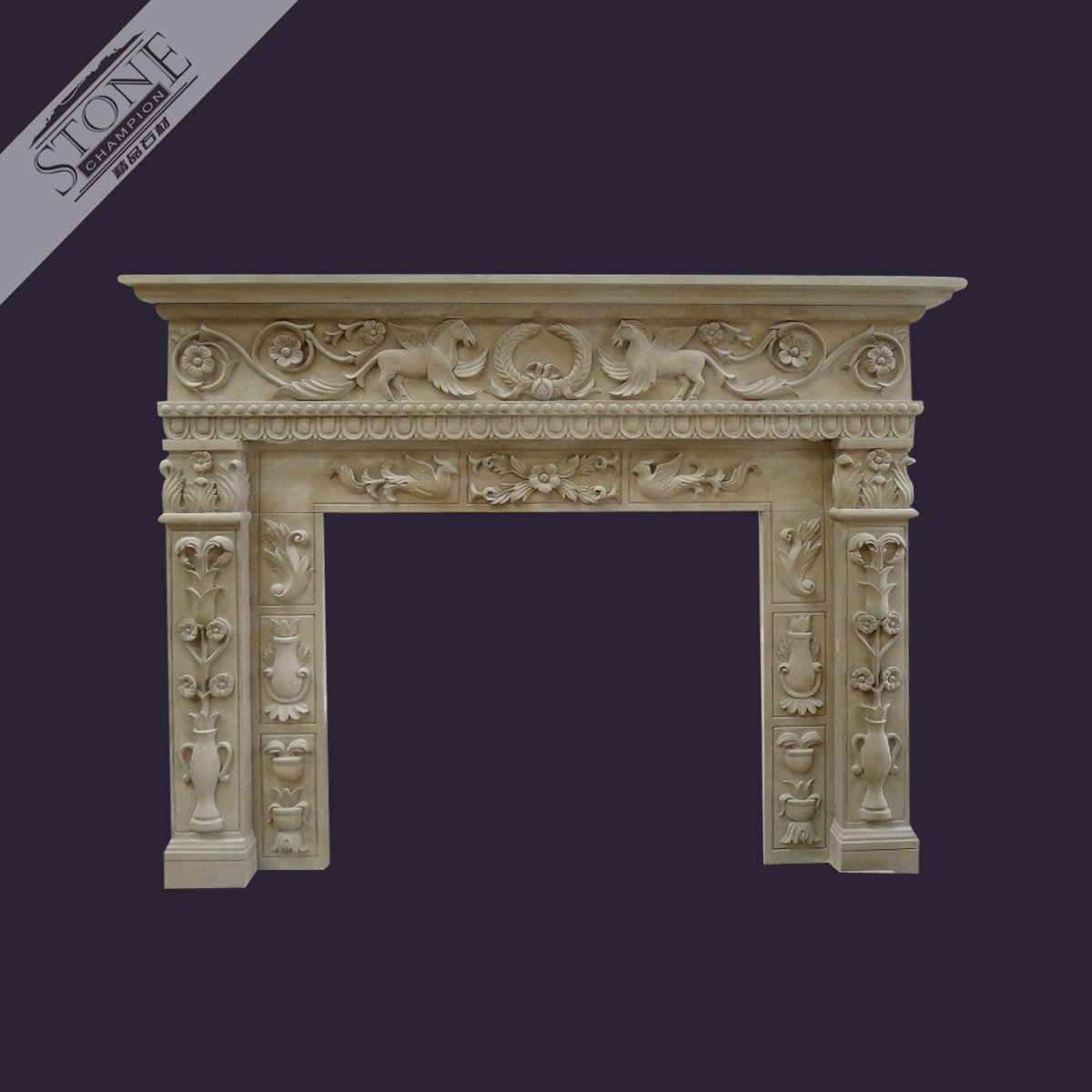 China buff limestone fireplace mantel with religious carving