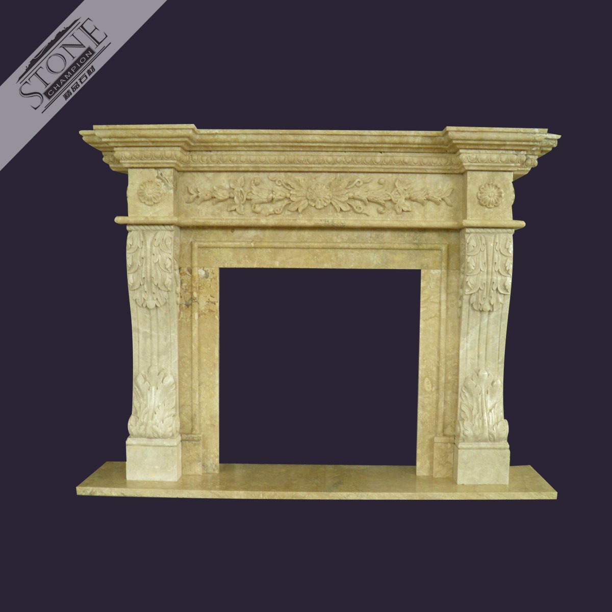 Large size carved beige travertine stone fireplace surround