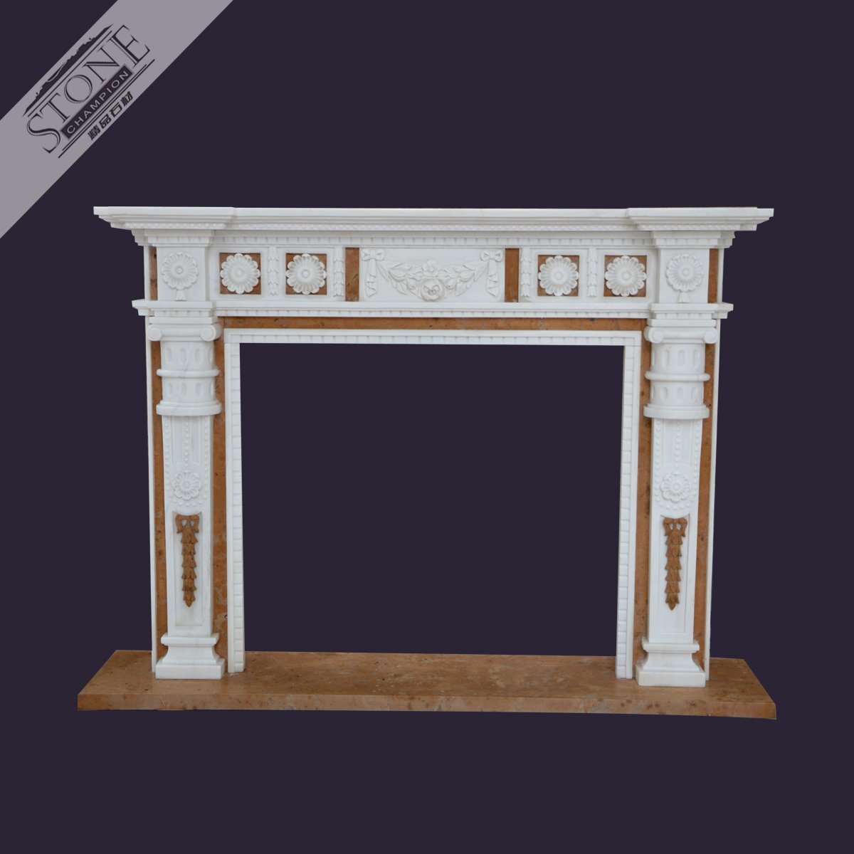 Pure white marble fireplace mantel with golden limestone ins