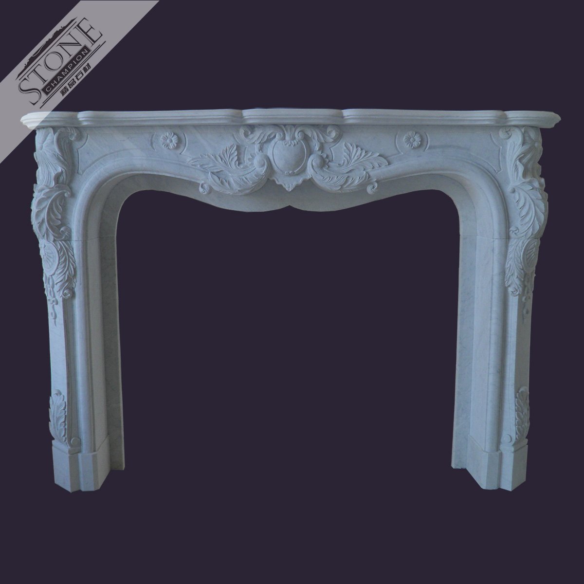 Custom designed solid natural stone fireplace mantel