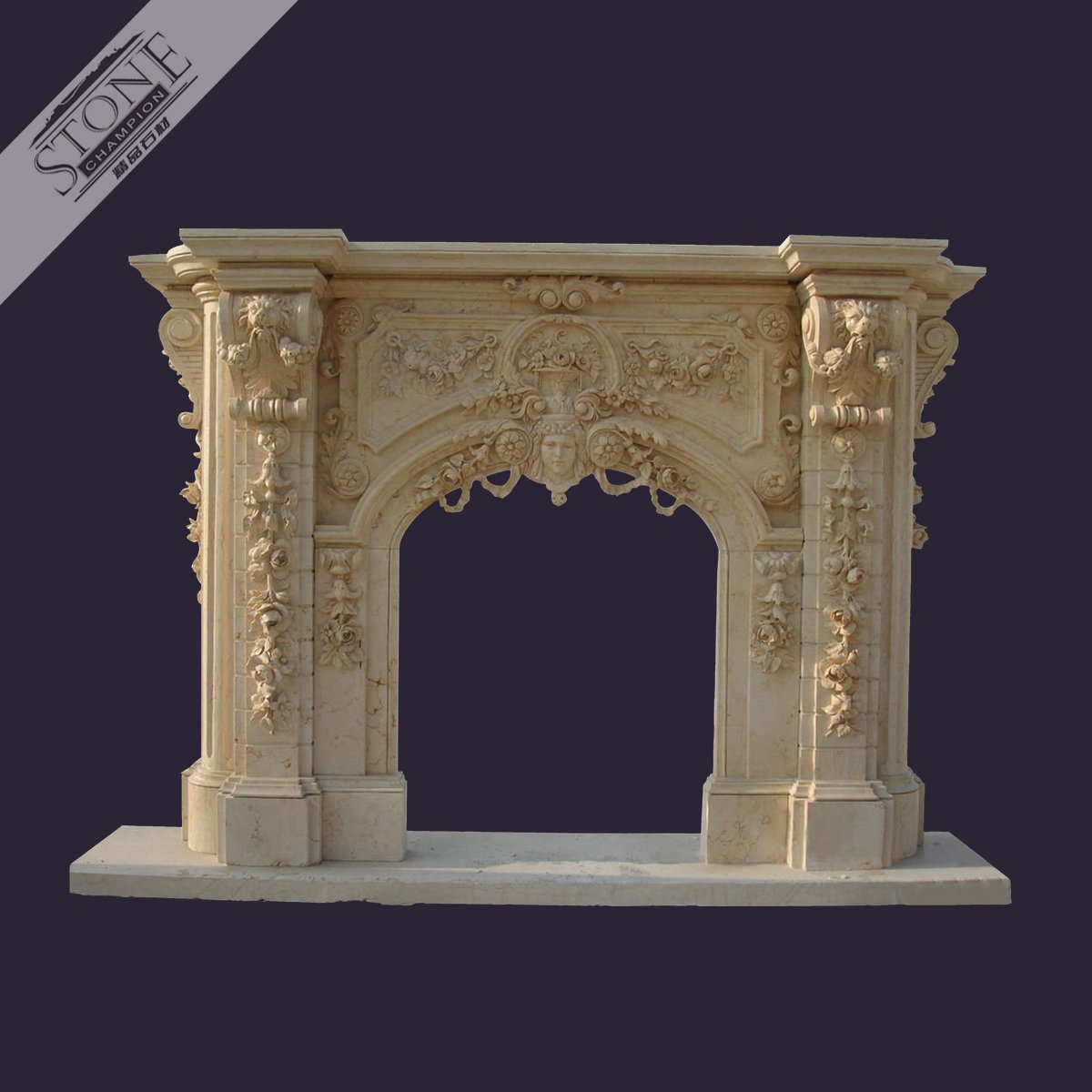 Delicately hand carved beige marble fireplace mantel