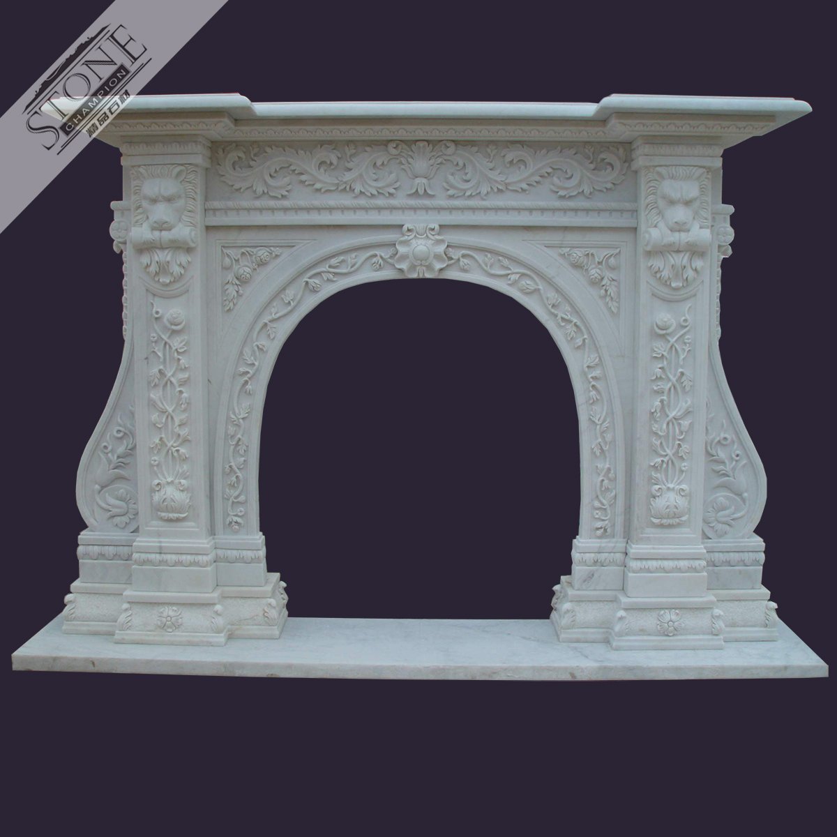 White marble fireplace surround with busy carvings